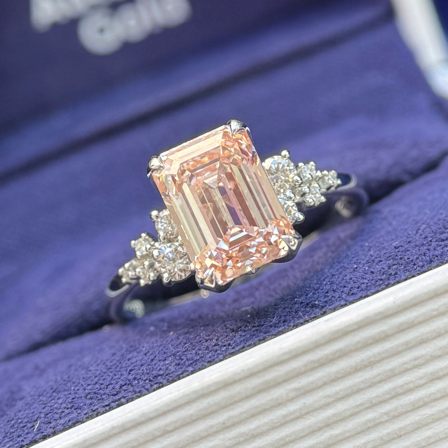 950 Platinum and 3ct Light Baby Pink Emerald-cut Lab Diamond with Clear Round Lab Diamonds Custom Ring size 7.5