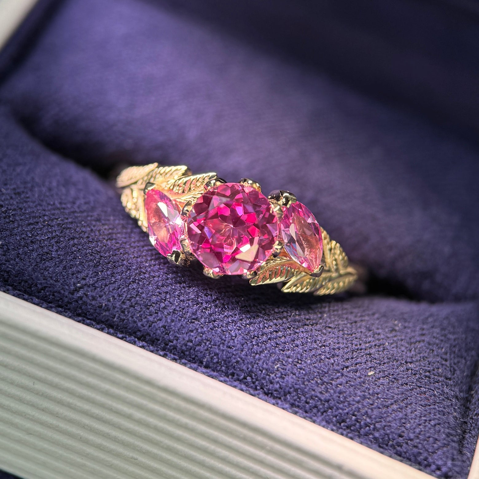 14k Yellow Gold and Petal-set 6mm Round Pink Lab Sapphire with 2pc Custom-grown 5x2.5mm Marquise Pink Lab Sapphires and Leaves Ring, size 9