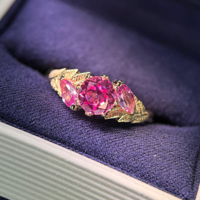 14k Yellow Gold and Petal-set 6mm Round Pink Lab Sapphire with 2pc Custom-grown 5x2.5mm Marquise Pink Lab Sapphires and Leaves Ring, size 9