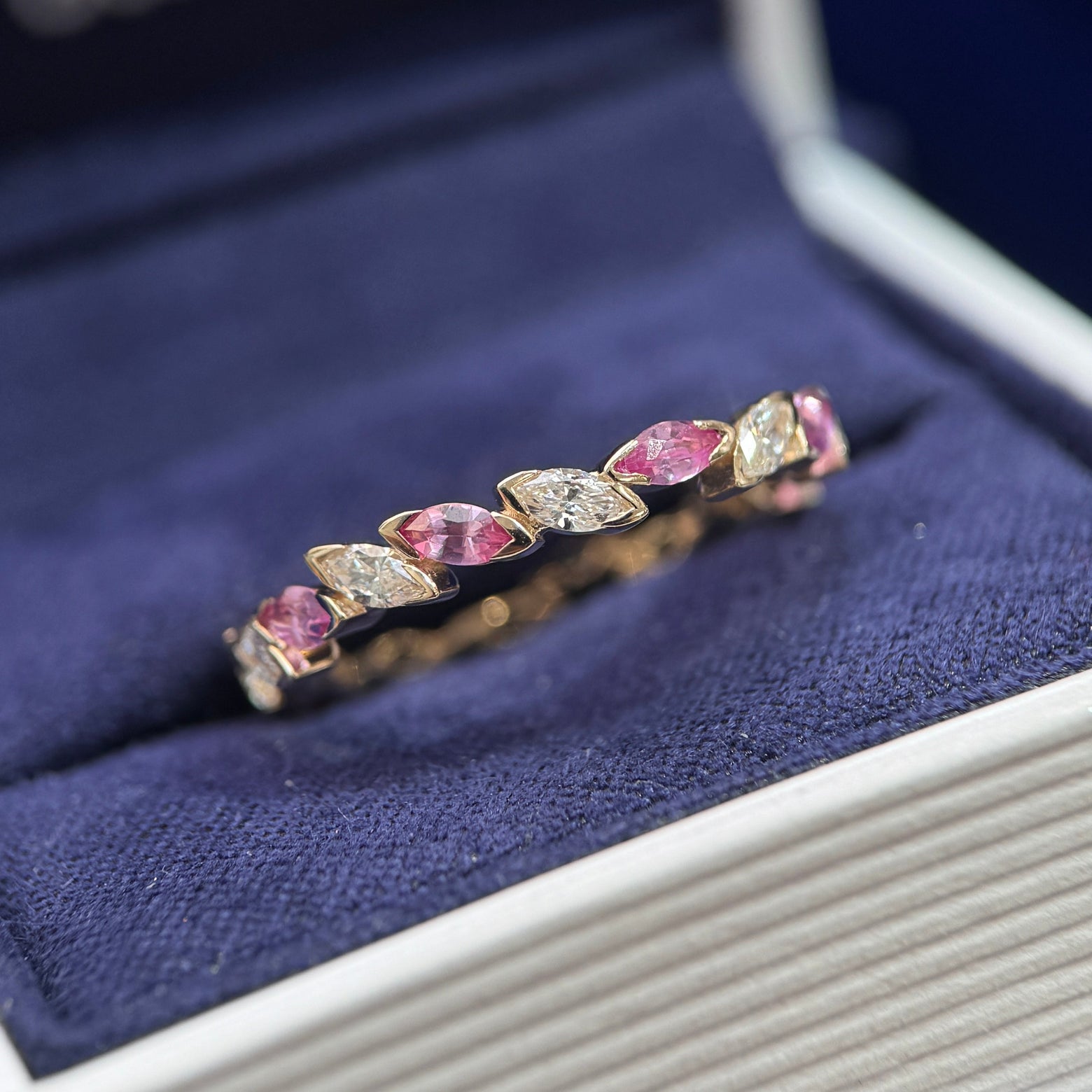 14k Yellow Gold Marquise Alternating Lab Pink Sapphires and Lab Diamonds Eternity Custom Band, size 8