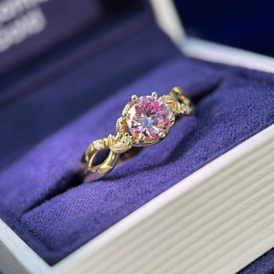 14k Yellow Gold and Low-set 6mm Round Pink Moissanite and 4pc Round White Moissanites on Leaves Band Custom Ring, size 7.5