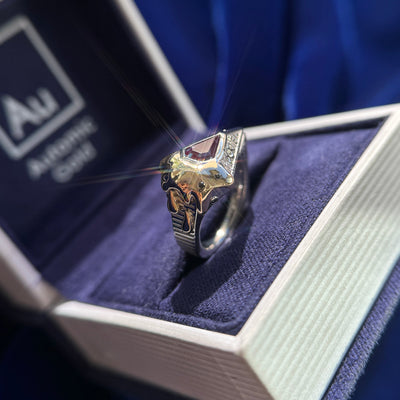 14k Yellow Gold and 950 Platinum with Lab Alexandrites Antler Inspired with Art Deco Band and Futuristic Inspired Custom Couple Rings Set, size 4 and 9