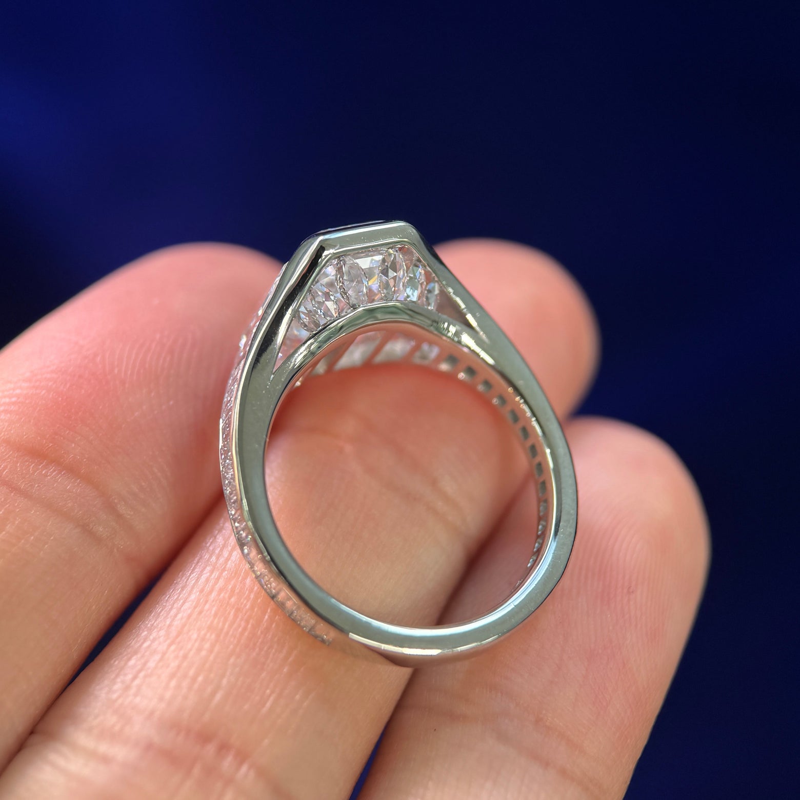 950 Platinum with 9ctw Custom-cut Emerald-cut Lab Diamond center with Baguettes Channel-set into the band three fourth around and 6pc Flat Marquise Lab Diamonds Comfort-fit Band Custom Ring, size 6.25