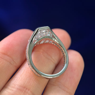 950 Platinum with 9ctw Custom-cut Emerald-cut Lab Diamond center with Baguettes Channel-set into the band three fourth around and 6pc Flat Marquise Lab Diamonds Comfort-fit Band Custom Ring, size 6.25