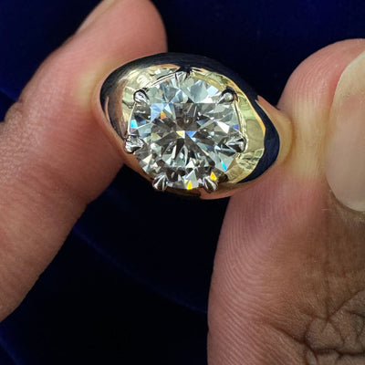 14k Yellow Gold and 950 Platinum Bezel Claw Prongs Set Round Lab Diamond on Asymmetrical Signet Custom Ring