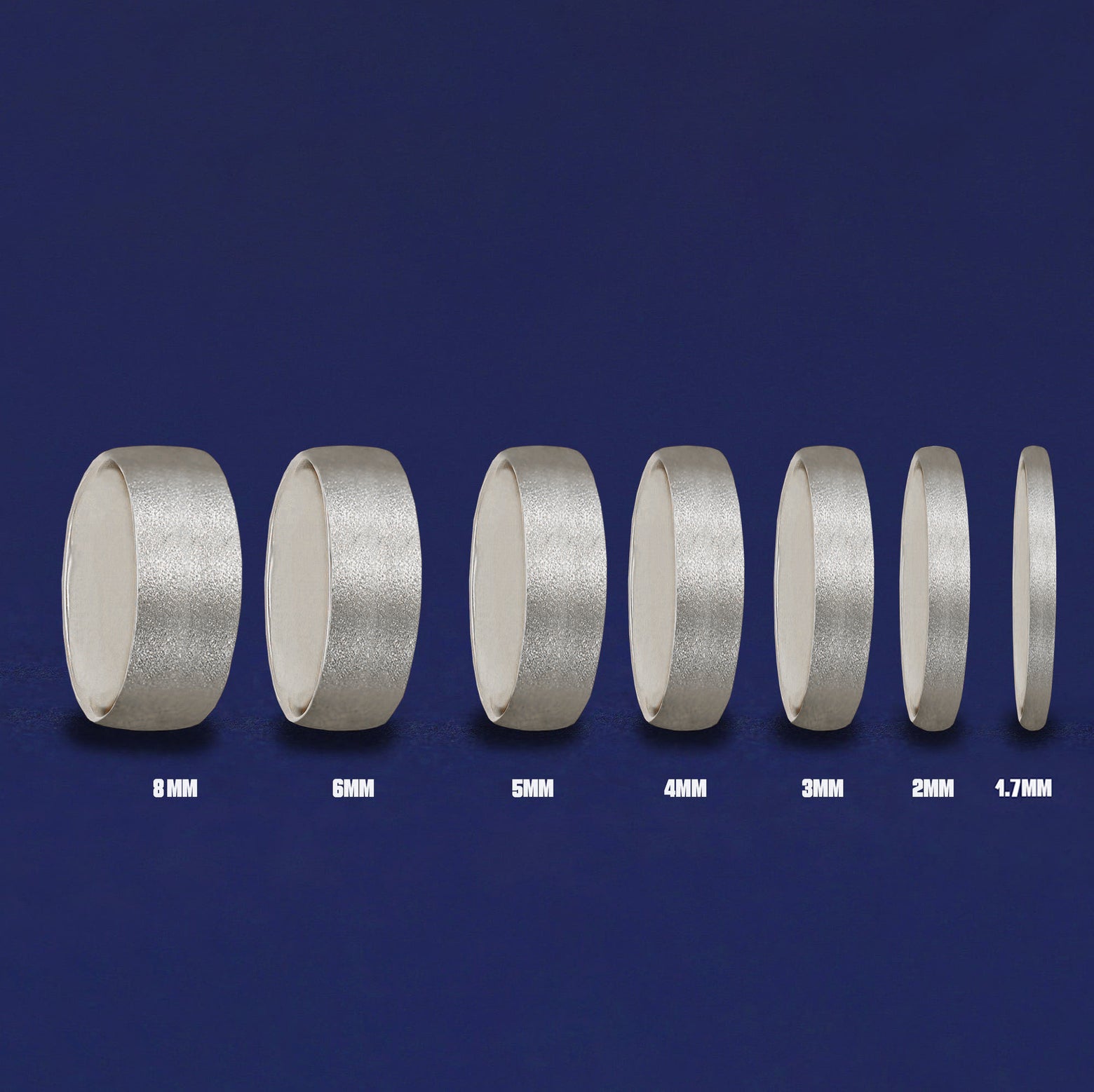 Seven versions of the Platinum Curvy Stardust Band showing the different thickness options of the ring from 8mm to 1.7mm