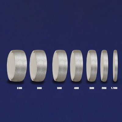 Seven versions of the Platinum Curvy Stardust Band showing the different thickness options of the ring from 8mm to 1.7mm