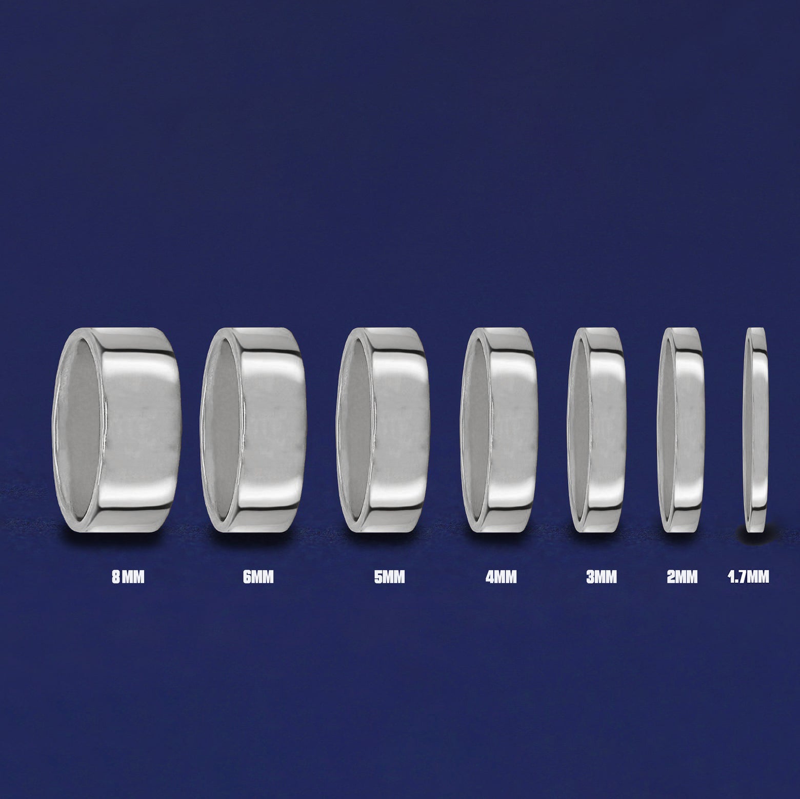 Seven versions of the Platinum Industrial Mirror Band showing the different thickness options of the ring from 8mm to 1.7mm