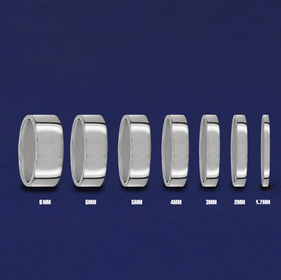 Seven versions of the Platinum Industrial Mirror Band showing the different thickness options of the ring from 8mm to 1.7mm