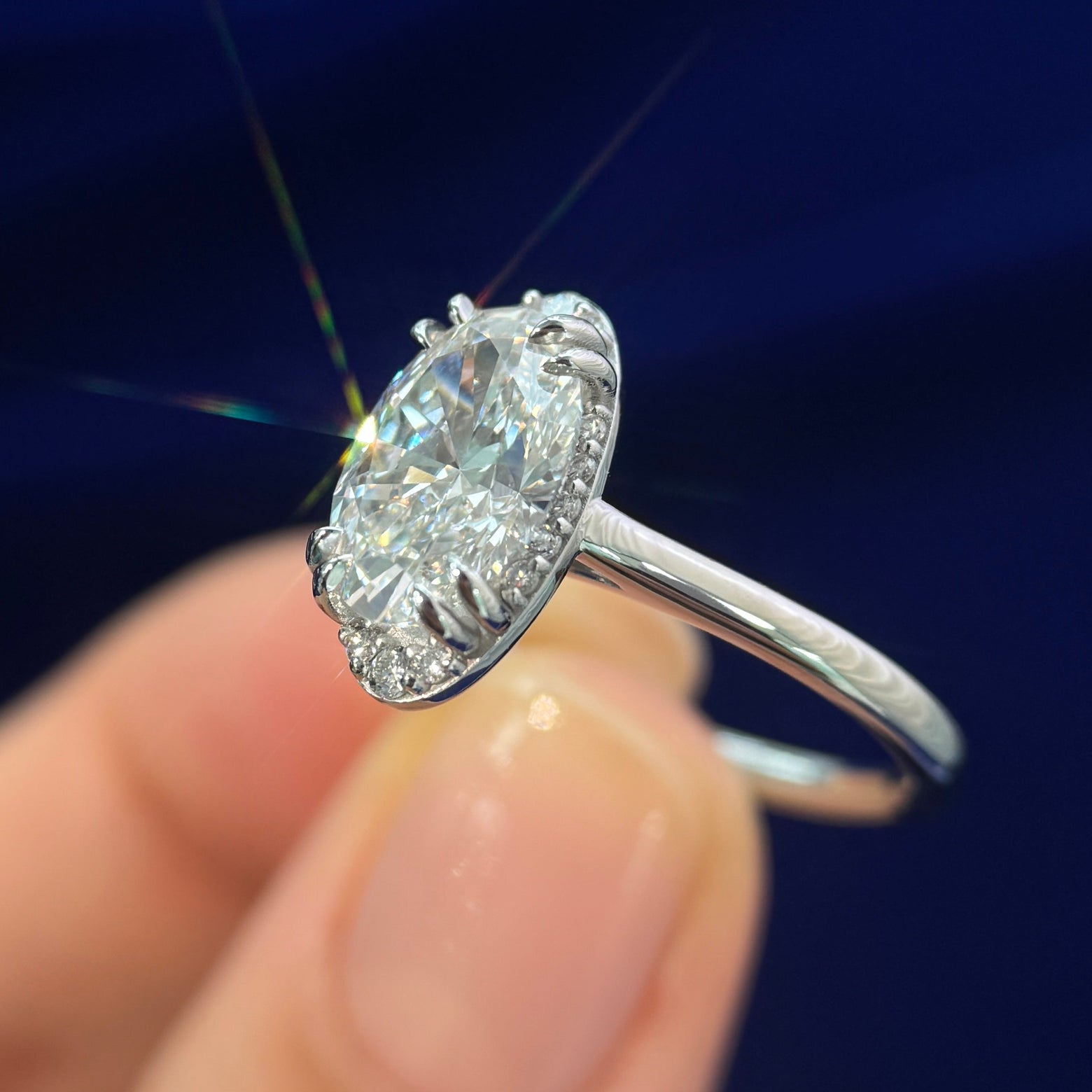950 Platinum 4-double-claw-prongs E VVS Ex Ex 2ct Oval Lab Diamond with Half-halo on 1. 8mm Band Custom Ring, size 8