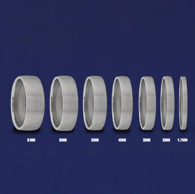 Seven versions of the Platinum Mix Matte Band showing the different thickness options of the ring from 8mm to 1.7mm