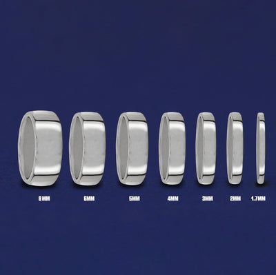 Seven versions of the Platinum Mix Mirror Band showing the different thickness options of the ring from 8mm to 1.7mm