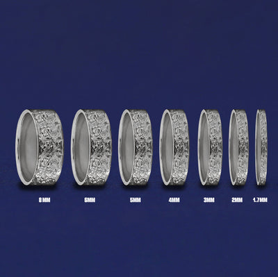 Seven versions of the Platinum Raw Band showing the different thickness options of the ring from 8mm to 1.7mm