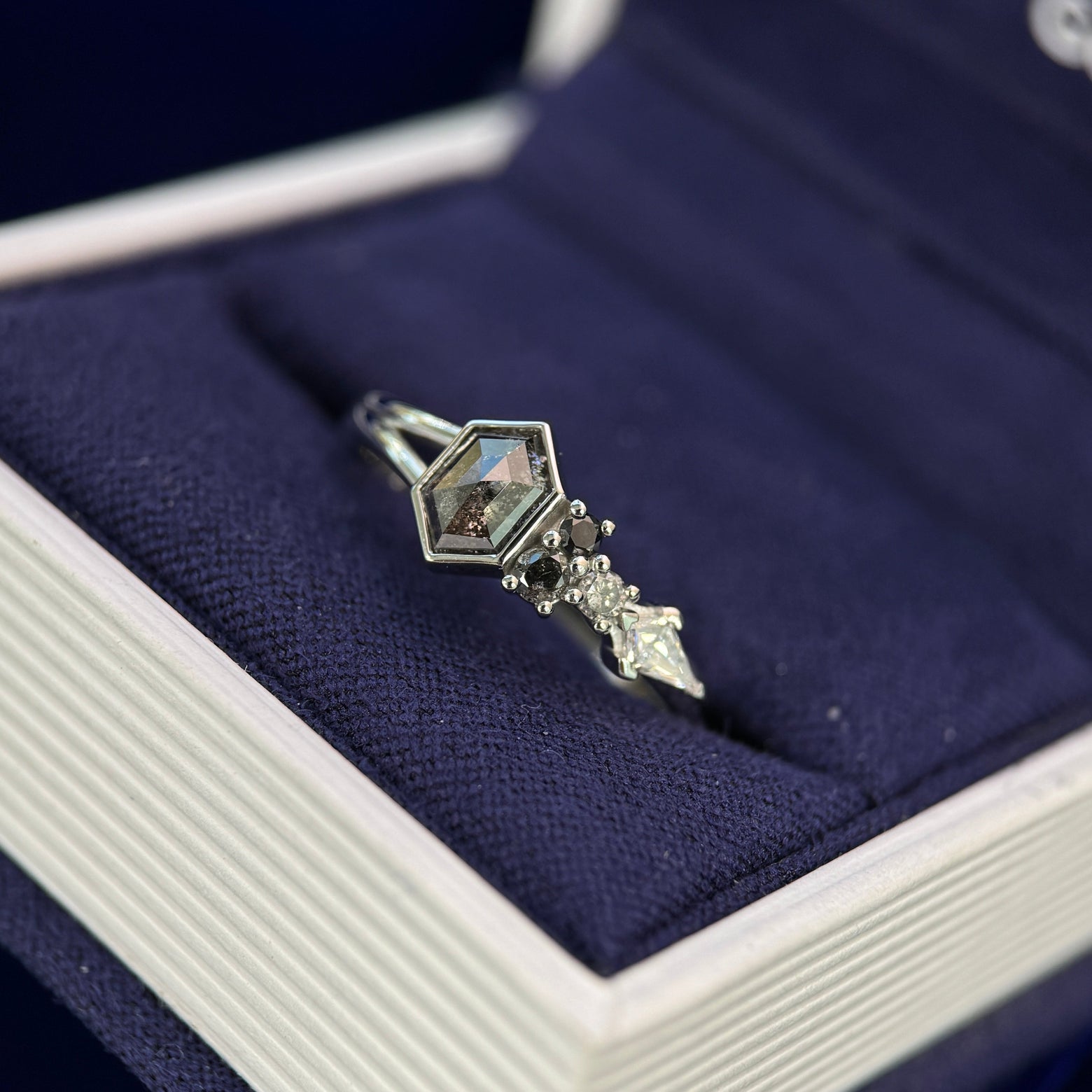 950 Platinum and 0.66ct Hexagon Salt-and-pepper Diamond with 1 Kite Lab and 3 Round Salt-and-pepper Diamonds and Open shank on 2.5mm Mix Mirror Band Custom Ring, size 7.5 