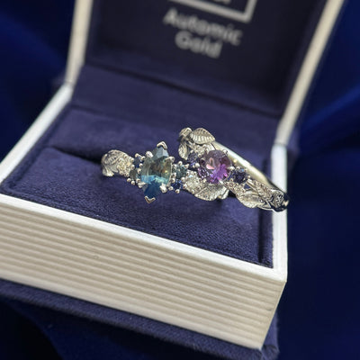 950 Platinum Marquise Bi-color and Teal Sapphire with White Diamonds on 2.5mm Mix Mirror Band Custom Ring, Size 9.25 and 950 Platinum Purple Sapphire with White Diamond Clusters on Leaves and Vines Band Custom Ring, Size 8.75