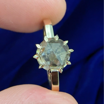 14k Yellow Gold 10-Claw-Prongs-set 1.88ct Salt-and-pepper Champange Diamond Custom Engagement Ring, size 6.5