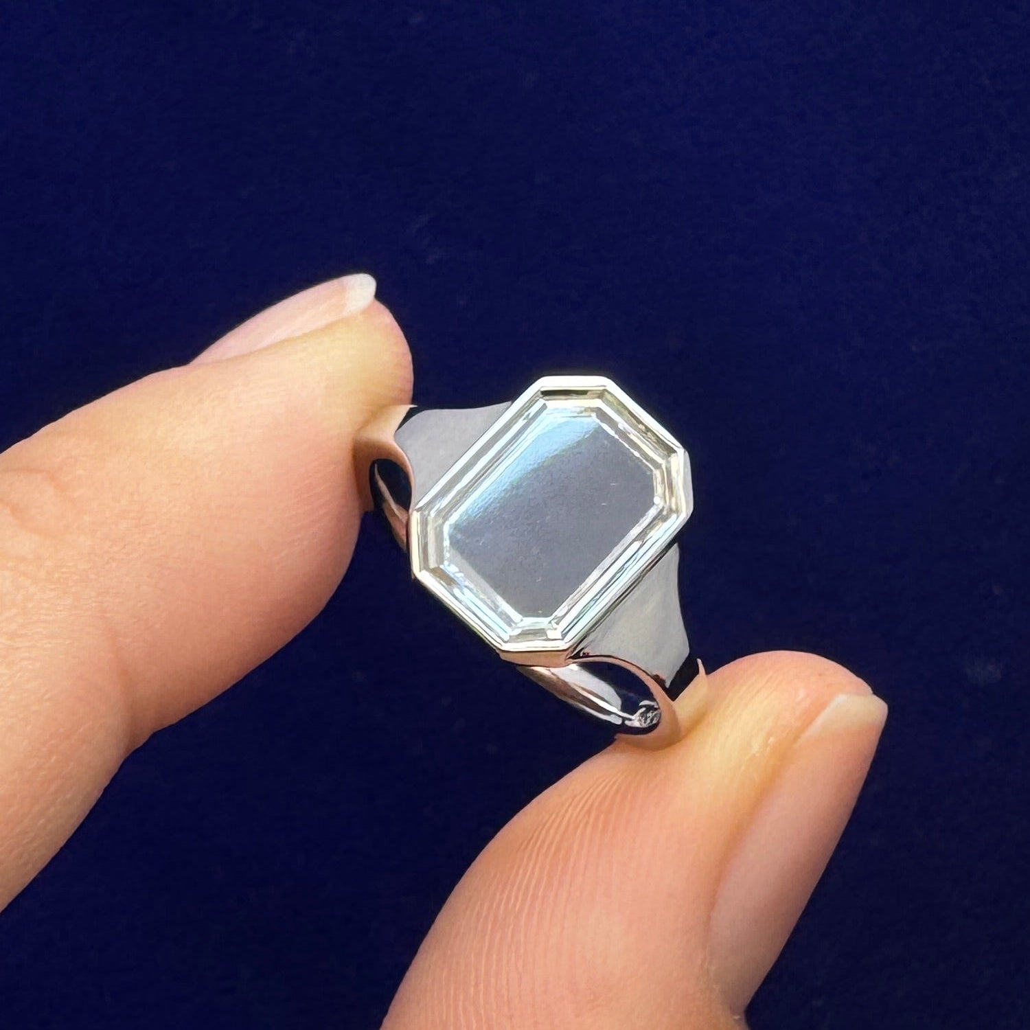 950 Platinum and Custom-cut 7x10mm Portrait Lab Diamond in Open-back Low-set Custom Signet Ring, size 5