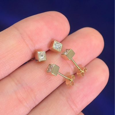 14k Yellow Gold and Customer 3.3mm Princes cut Diamonds Bezel set Pushback Stud Earring