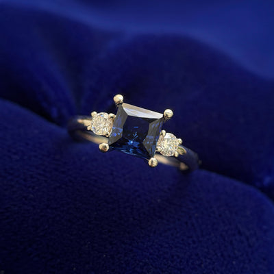 14k Champagne Gold 6mm Princess Cut Lab Sapphire with Small Moissanites on Plain Band Custom Ring, size 6