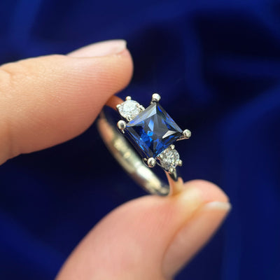 14k Champagne Gold 6mm Princess Cut Lab Sapphire with Small Moissanites on Plain Band Custom Ring, size 6