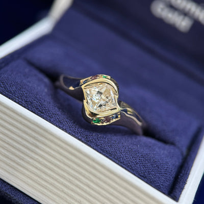  14k Yellow Gold Low-solid-bypass-set 1ct Princess Natural Diamond and 6pc Sapphire, Emerald and Lab Alexandrite Accents on Waves Band Custom Ring, 7 grams, size 9