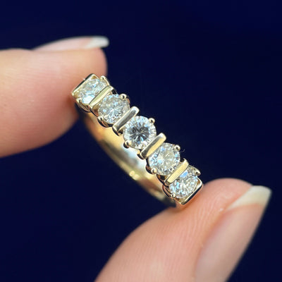14k Yellow Gold and Prongs-and-bars-set 4pc Customers with 1pc Lab 3.7mm Diamonds on 3.5mm Industrial Mirror Band Custom Ring, 4 gram, size 7