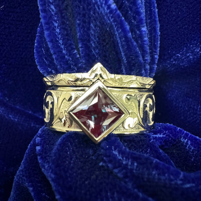 14k Champagne Gold Bezel-set 4.5mm Princess Lab Alexandrite on Wide 6mm Floral Engraved Band Custom Ring with a Matching Crown Band Rings Set, size 4.5