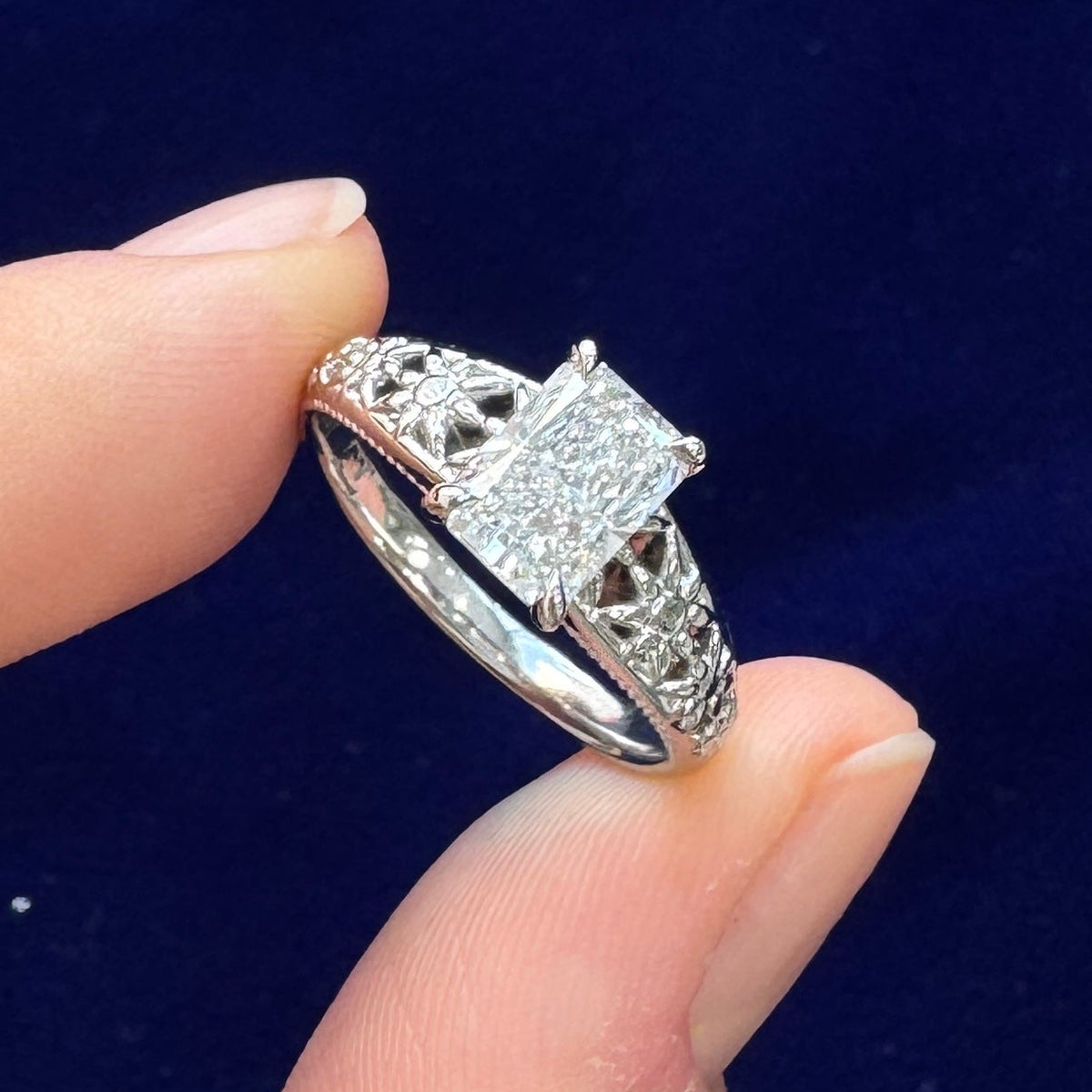950 Platinum and 1.27ct Radiant Lab Diamonds Flower Cut out Antique Inspired Custom Ring, size 6.75