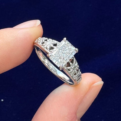 950 Platinum and 1.27ct Radiant Lab Diamonds Flower Cut out Antique Inspired Custom Ring, size 6.75