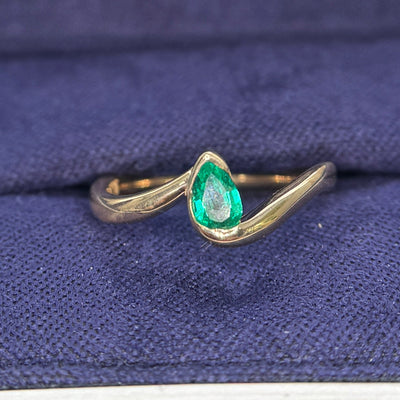 14k Yellow Gold 5x3mm Pear Lab Emerald on Set into a Wavy Band Custom Pinky Ring, Size 4