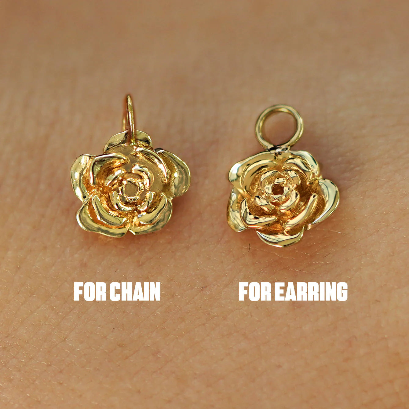 Two 14 karat solid gold Rose Charms shown in the For Chain and For Earring options
