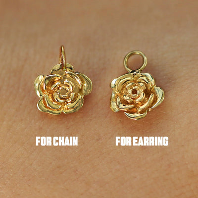 Two 14 karat solid gold Rose Charms shown in the For Chain and For Earring options