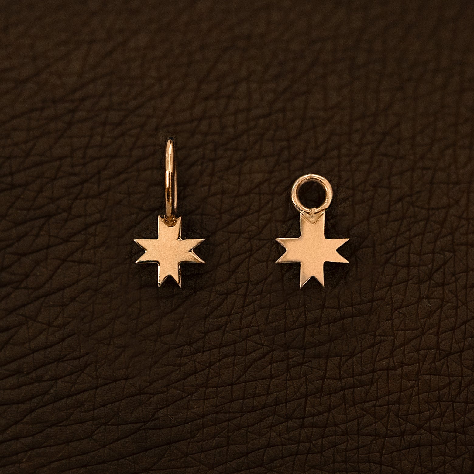 Two rose gold 8 Pointed Star Charms shown in the For Chain and For Earring options