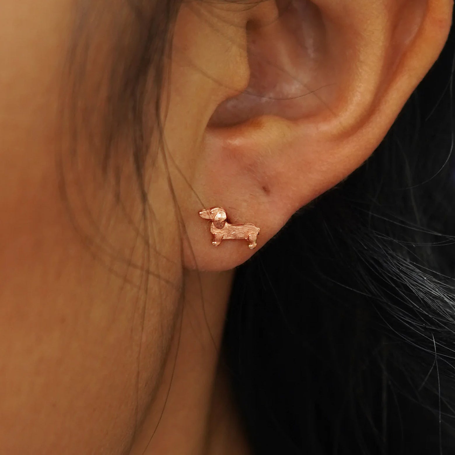 Close up view of a model's ear with a rose gold Dog Earring.