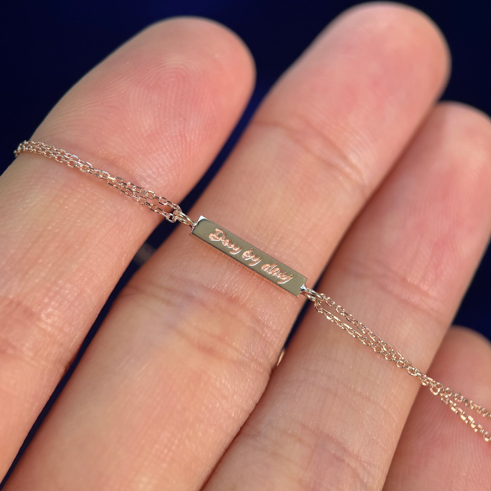 14k Rose Gold Bar with Handwriting Engraving "Day by day" Custom Bracelet, 7.5inch