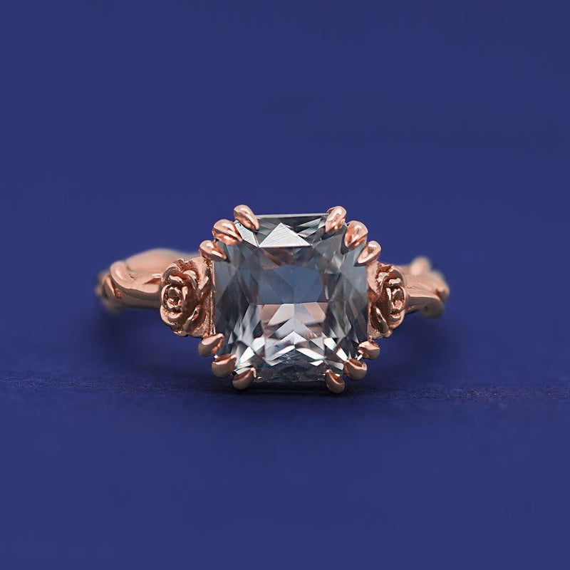 14k Rose Gold Claw Prongs with Roses and Cushion Cut Gray Sapphire Custom Ring