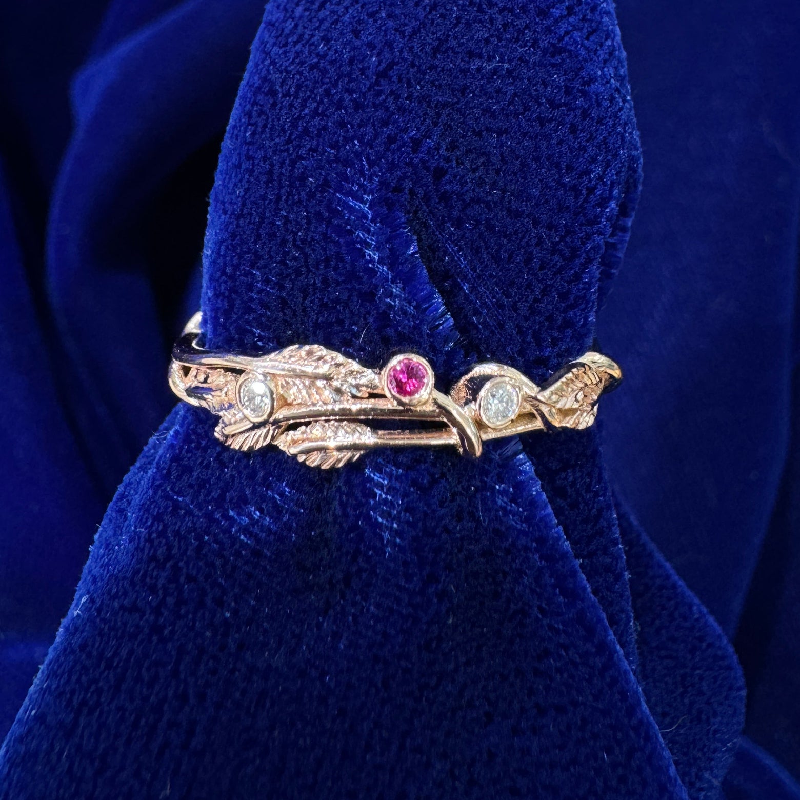 14k Rose Gold Bezel-set 2 Round Moissanites and 1 Round Ruby on Twisting Leaves Design Custom Wedding Band, size 8.5
