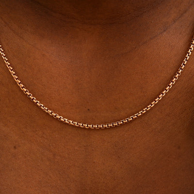 Close up view of a model's neck wearing a solid gold Round Box Chain