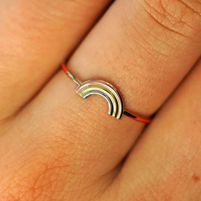 Close up view of a model's fingers wearing a solid rosegold Rainbow Ring