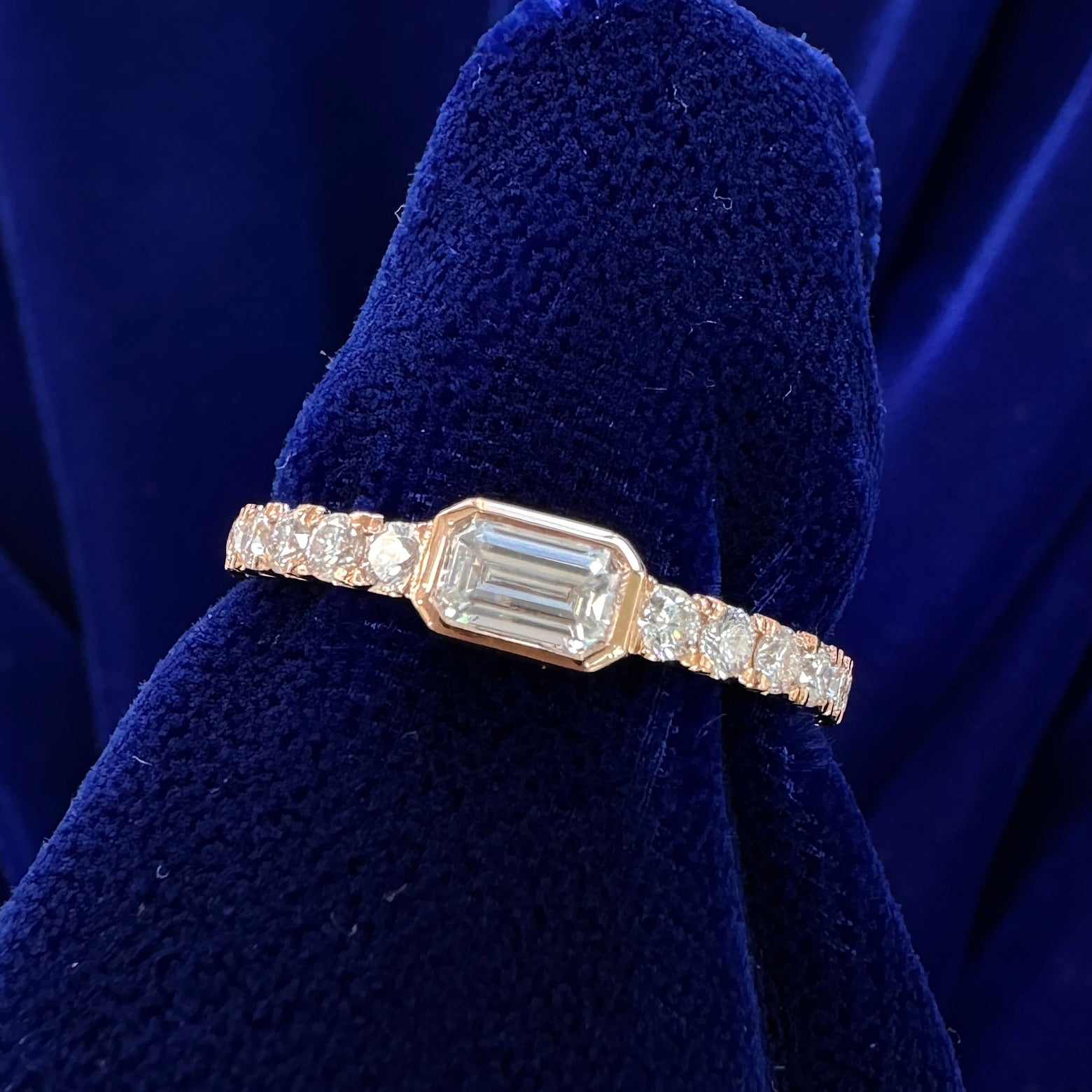 18k Rose Gold and Bezel set Emerald Cut Moissanite w/ 1/2 Pave 2mm Moissanites Custom Ring, size 7.5