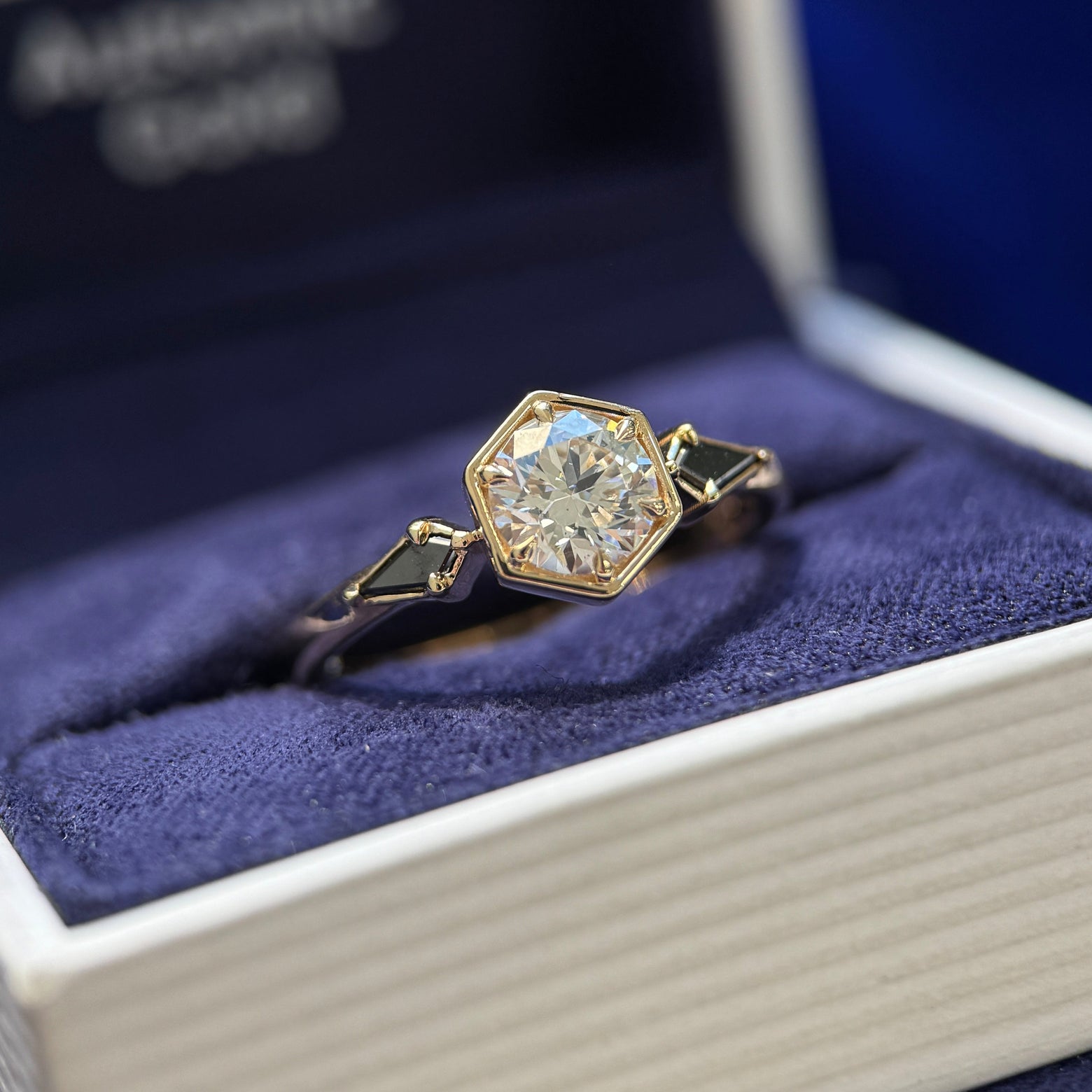 14k Yellow Gold and Customers Round Diamond in Hexagon Shape Claw Prongs Low-set with Black Kite Diamonds on 2mm Mix Mirror Band Custom Ring, size 7