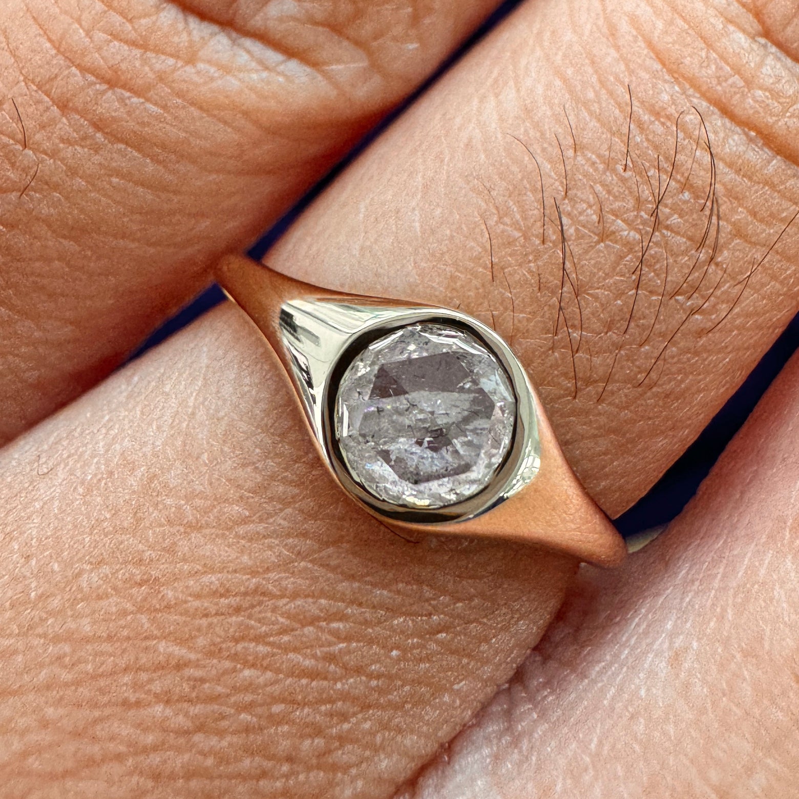 14k Yellow Gold 0.36ct 4.5mm Round Rose Cut Salt-and-pepper Diamond Slim Signet Custom Signet Ring, size 5.5