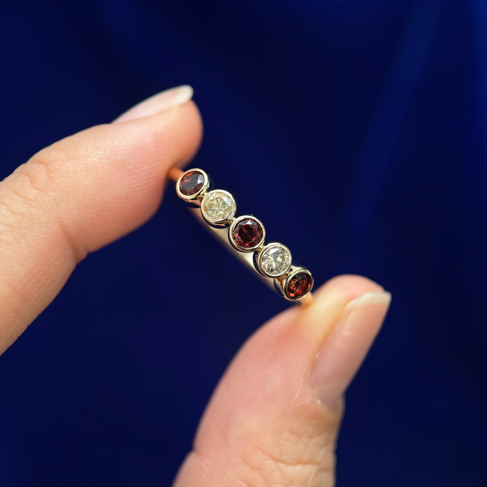 14k Yellow Gold and Bezel set 3pc 3mm Round Garnets and 2pc 3mm Champagne Diamonds on 1.5mm Round Band Custom Ring, size 12.25