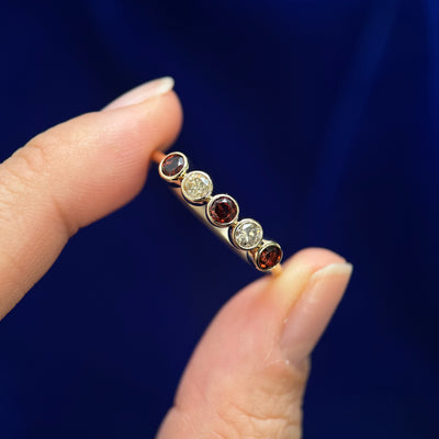14k Yellow Gold and Bezel set 3pc 3mm Round Garnets and 2pc 3mm Champagne Diamonds on 1.5mm Round Band Custom Ring, size 12.25