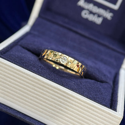 14k Yellow Gold Flush-set 2.5mm Round Lab Diamond on 3.5mm Industrial Hammered Band Custom Ring, Size 5