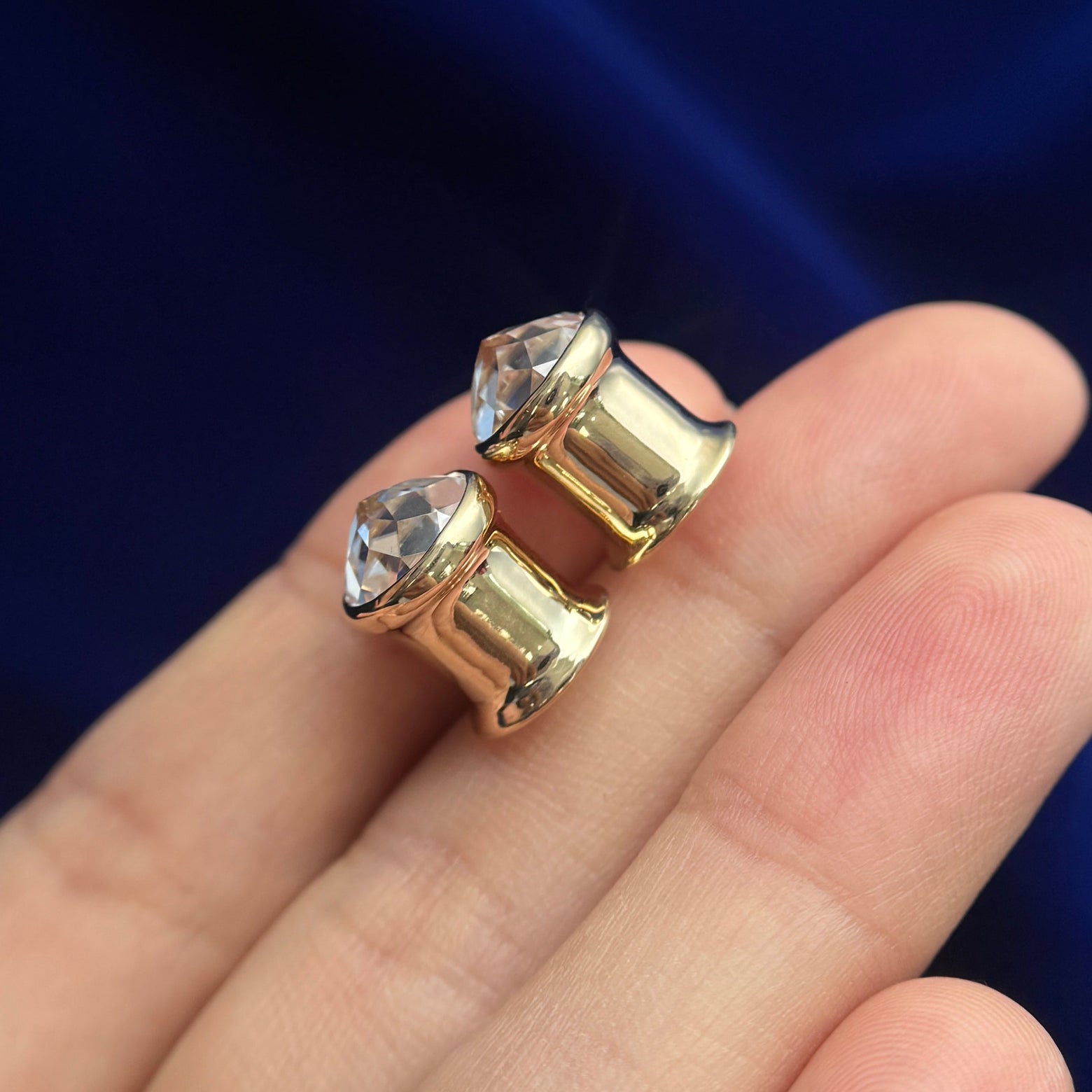 14k Yellow Gold and Bezel-set 8mm Round Rose-flower-cut Moissanites on 0 gauge Tunnels, Pair