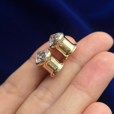 14k Yellow Gold and Bezel-set 8mm Round Rose-flower-cut Moissanites on 0 gauge Tunnels, Pair