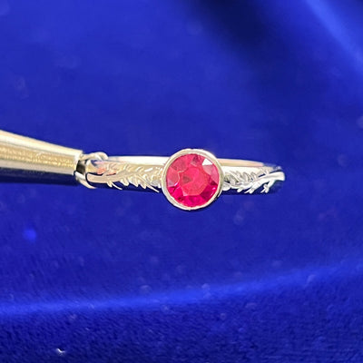 14k White Gold and 6mm Round Lab Ruby on Leaf Engraved Band Custom Ring, size 10