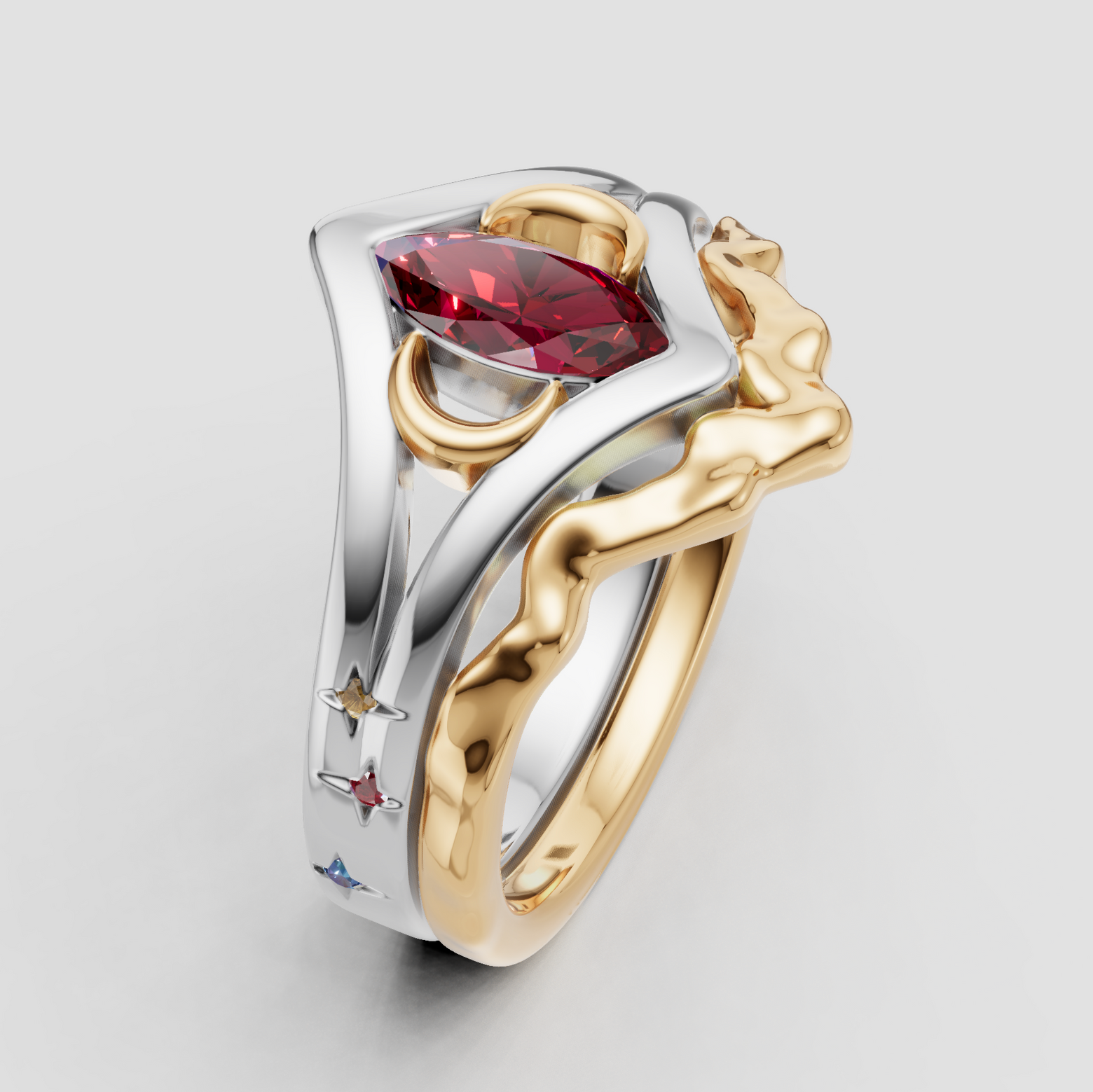 ruby moon ring with cloud wedding band