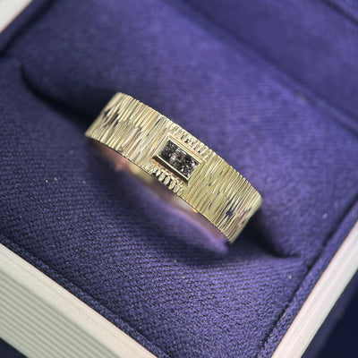 14k Yellow Gold Bezel-set 2x4 Salt and Pepper Baguette Diamond on Customer's Gold Ring Custom Remake, 6g, Size 7.5